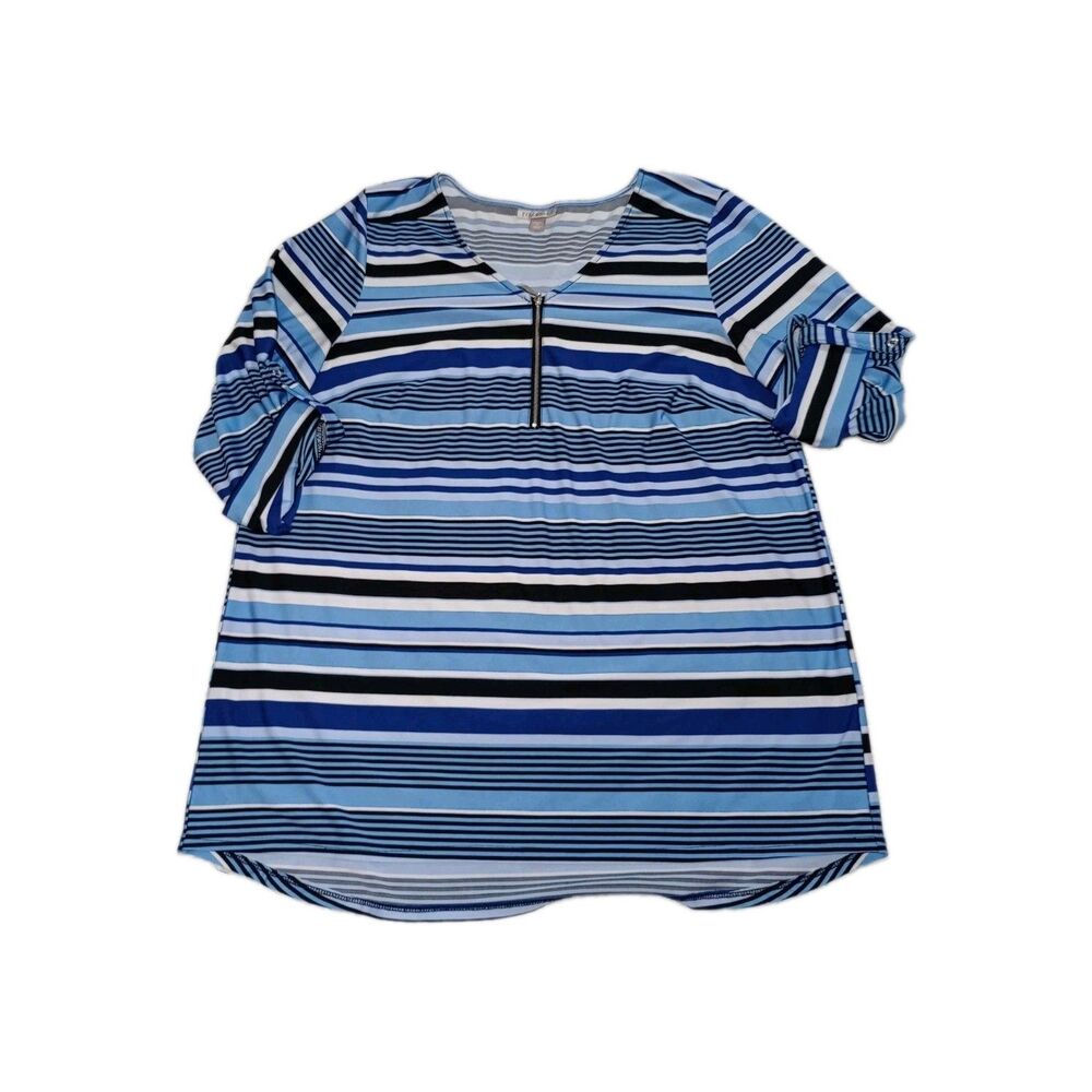 Roz & Ali Womens 1X Blouse Blue Striped Zip Neck 3/4 Roll Tab Sleeve Stretch Top